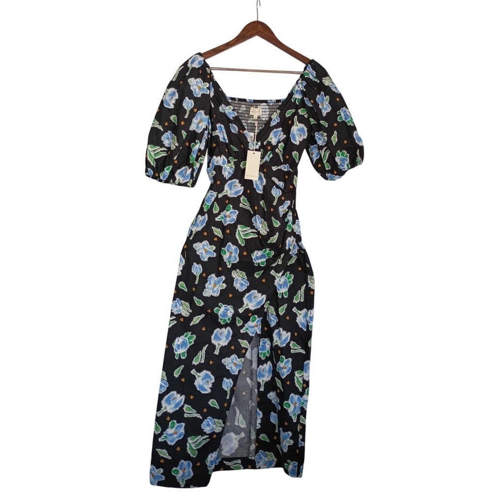 NWT Mello Day Cottagecore Black Floral Smocked Back Maxi Dress Puff Slve Slit S - Picture 2 of 14